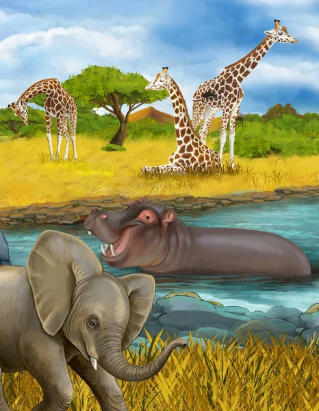 Cartoon scene with hippopotamus hippo in the river and elephant illustration for children — Stock Photo, Image