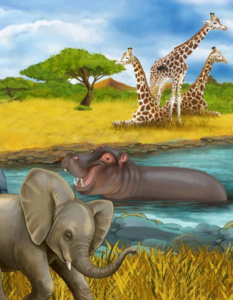 Cartoon scene with hippopotamus hippo in the river and elephant illustration for children — Stock Photo, Image