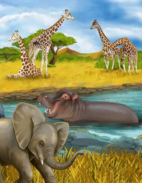 Cartoon scene with hippopotamus hippo in the river and elephant illustration for children — Stock Photo, Image