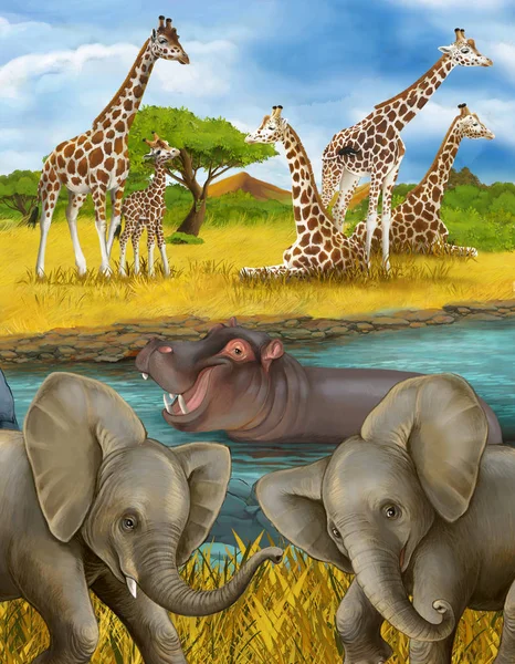 Kreslená scéna s hrochem hrocha v řece a sloní ilustrace pro děti — Stock fotografie