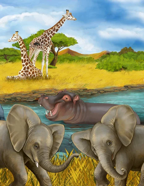 Мультфильм сцена с гиппопотамом бегемот в реке и иллюстрация слона для детей — стоковое фото