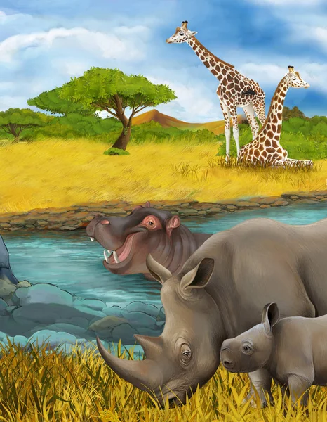 Escena de dibujos animados con rinoceronte hipopótamo rinoceronte hipopótamo y jirafas ilustración para niños —  Fotos de Stock