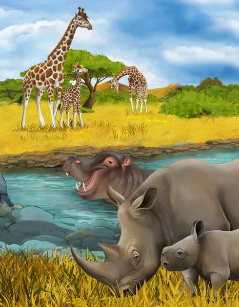 Scena cartone animato con ippopotamo ippopotamo rinoceronte rinoceronte e giraffe illustrazione per bambini — Foto Stock
