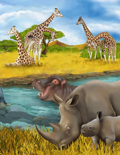 Scena cartone animato con ippopotamo ippopotamo rinoceronte rinoceronte e giraffe illustrazione per bambini — Foto Stock