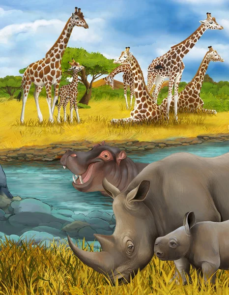 Escena de dibujos animados con rinoceronte hipopótamo rinoceronte hipopótamo y jirafas ilustración para niños —  Fotos de Stock