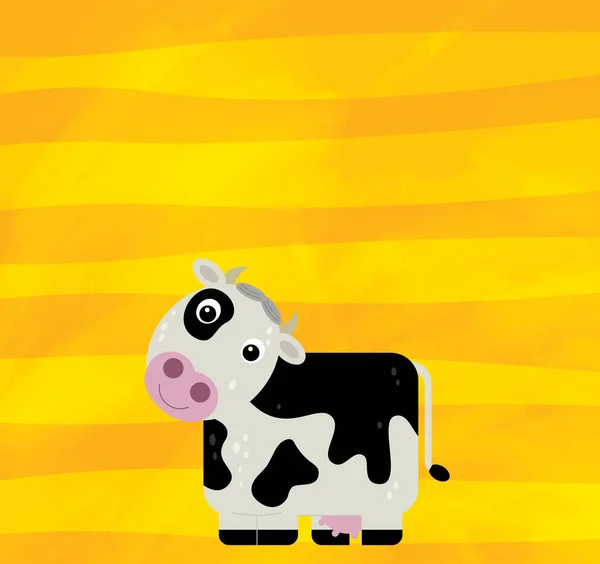 Scena dei cartoni animati con fattoria animale mucca su strisce gialle illustrazione per bambini — Foto Stock