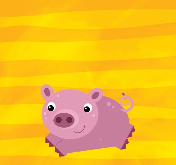 Scène de dessin animé avec cochon animal de ferme sur bande jaune illustration pour enfants — Photo