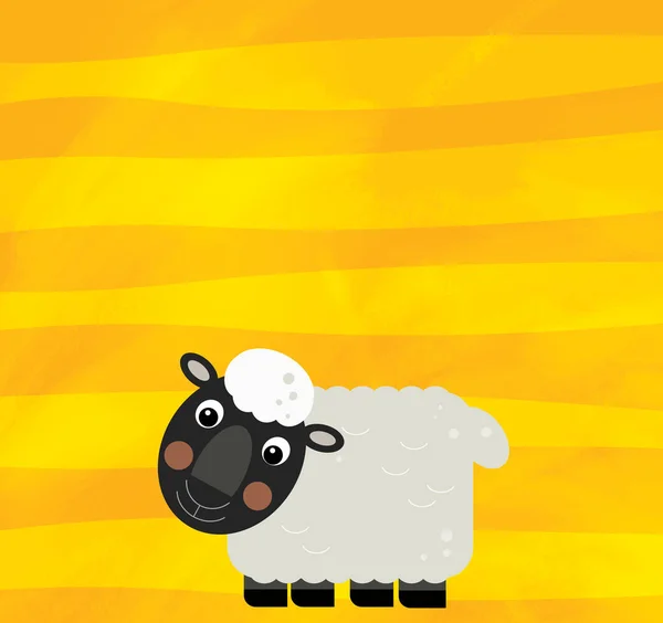 Мультфильм сцена с животным фермы овец на желтых полосах иллюстрация для детей — стоковое фото