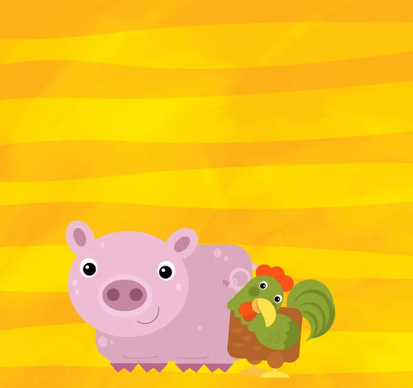 Cena dos desenhos animados com porco animal de fazenda em listras amarelas ilustração para crianças — Fotografia de Stock