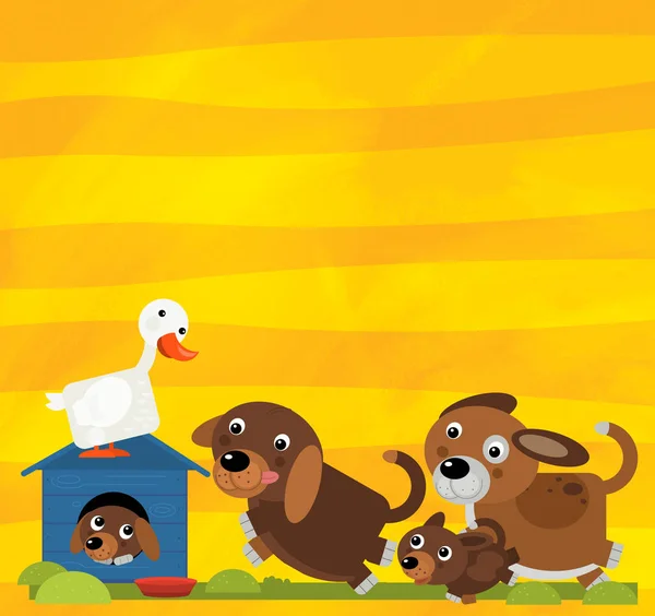 Cartoon scene with farm animals family of dogs near their wooden house and goose on yellow stripes illustration for children — Stock Photo, Image