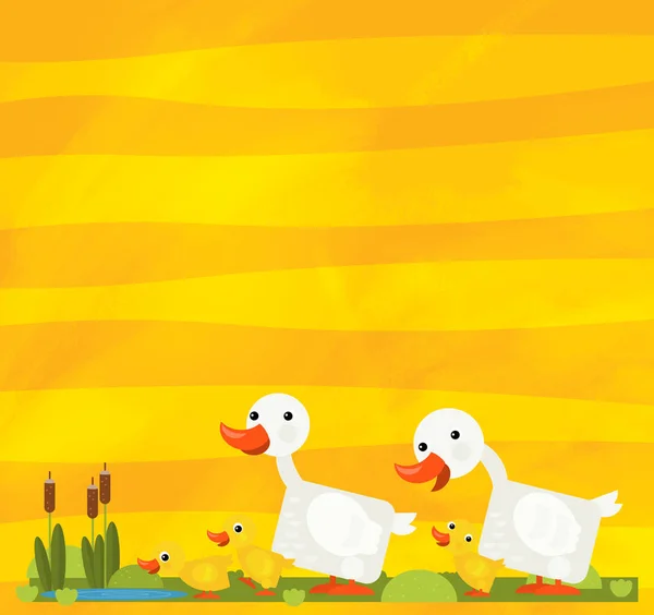 Scena rysunkowa z rodziną zwierząt gospodarskich gęsi na żółtych paskach ilustracja dla dzieci — Zdjęcie stockowe