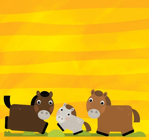 Scena dei cartoni animati con animali da fattoria famiglia di cavalli su strisce gialle illustrazione per bambini — Foto Stock