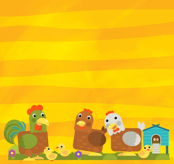 Scène de dessin animé avec animaux de ferme famille de poulets et coq près de leur maison en bois sur bandes jaunes illustration pour enfants — Photo
