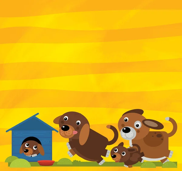 Cartoon scene with farm animals family of dogs near their wooden house on yellow stripes illustration for children — Stock Photo, Image