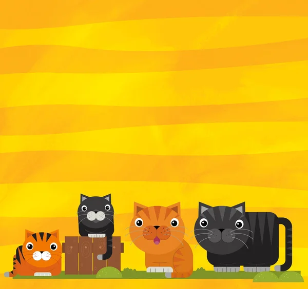 Cena dos desenhos animados com animais de fazenda família de gatos em listras amarelas ilustração para crianças — Fotografia de Stock