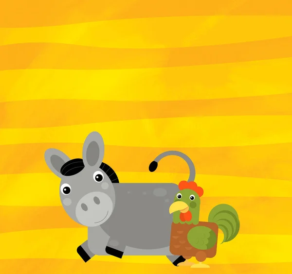 Cena dos desenhos animados com animal de fazenda burro em listras amarelas ilustração para crianças — Fotografia de Stock
