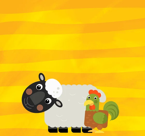 Scena z kreskówek owiec hodowlanych i koguta na żółtych paskach ilustracja dla dzieci — Zdjęcie stockowe