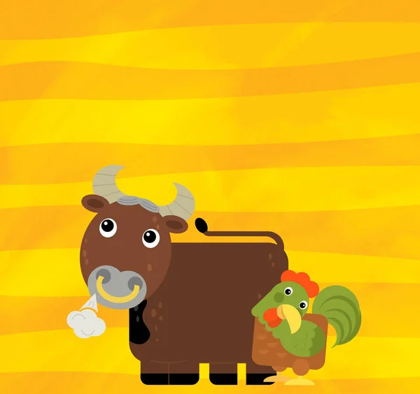cartoon scene with farm animal bull and rooster on yellow stripes illustration for children
