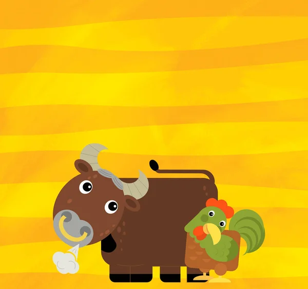 Мультяшная сцена с быком и петухом на желтых полосах иллюстрации — стоковое фото