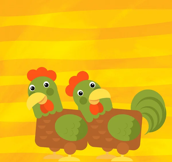 Scène de dessin animé avec des animaux de ferme poulets coqs sur bandes jaunes illustration pour enfants — Photo