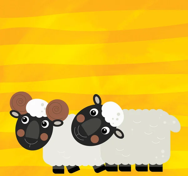 Мультяшна сцена з сільськогосподарськими тваринами родина овець на жовтих смужках ілюстрація для дітей — стокове фото