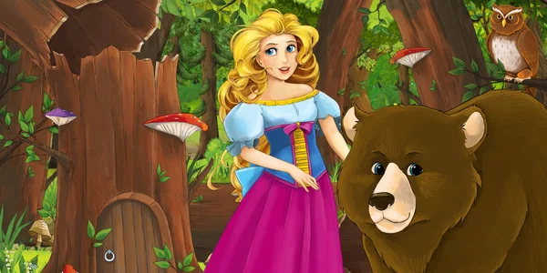 Cartoon-Szene mit glücklichen jungen Mädchen Prinzessin im Wald begegnet Paar Eulen fliegen - Illustration für Kinder — Stockfoto