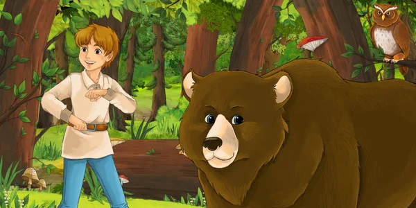 Mutlu genç çocuk çocuk prens veya çiftçi ormanda uçan baykuş çifti karşılaşan karikatür sahnesi - çocuklar için illüstrasyon — Stok fotoğraf