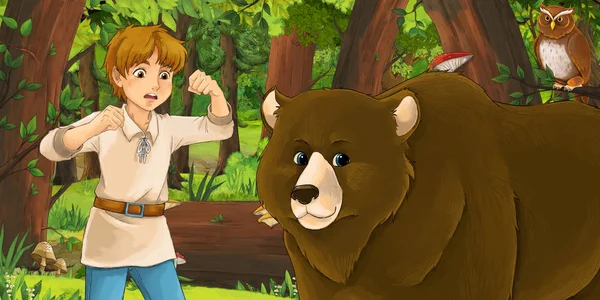 Escena de dibujos animados con niño niño feliz príncipe o granjero en el bosque encuentro par de búhos volando - ilustración para los niños — Foto de Stock