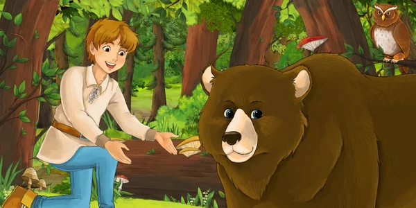 Escena de dibujos animados con niño niño feliz príncipe o granjero en el bosque encuentro par de búhos volando - ilustración para los niños — Foto de Stock