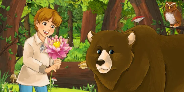 Scena del cartone animato con felice giovane ragazzo bambino principe o agricoltore nella foresta incontrare coppia di gufi volare - illustrazione per i bambini — Foto Stock