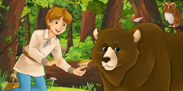 Escena de dibujos animados con niño niño feliz príncipe o granjero en el bosque encuentro par de búhos volando - ilustración para los niños —  Fotos de Stock