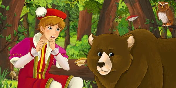 Kreslená scéna s šťastným mladým chlapským princem v lese, kde se setkávají dvojice Soví-ilustrace pro děti — Stock fotografie