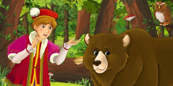 Kreslená scéna s šťastným mladým chlapským princem v lese, kde se setkávají dvojice Soví-ilustrace pro děti — Stock fotografie