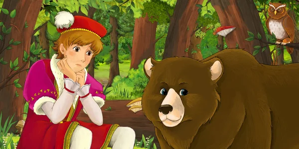 森の中で幸せな少年王子の胸を持つ漫画のシーンは、フクロウのペアが飛んで遭遇 - 子供のためのイラスト — ストック写真