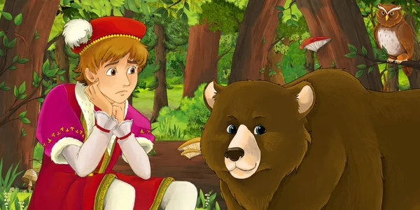 Escena de dibujos animados con el pecho del joven príncipe feliz en el bosque con un par de búhos volando - ilustración para los niños — Foto de Stock
