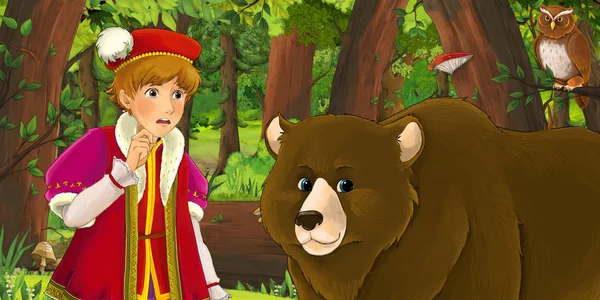 Escena de dibujos animados con el pecho del joven príncipe feliz en el bosque con un par de búhos volando - ilustración para los niños — Foto de Stock