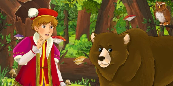 森の中で幸せな少年王子の胸を持つ漫画のシーンは、フクロウのペアが飛んで遭遇 - 子供のためのイラスト — ストック写真