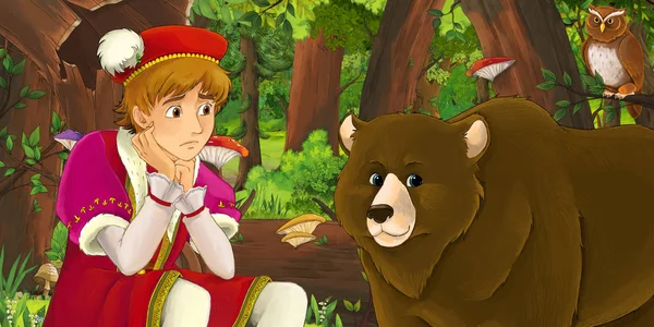 Scena del cartone animato con felice giovane ragazzo principe petto nella foresta incontrare coppia di gufi volare - illustrazione per i bambini — Foto Stock