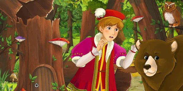 Scena del cartone animato con felice giovane ragazzo principe petto nella foresta incontrare coppia di gufi volare - illustrazione per i bambini — Foto Stock