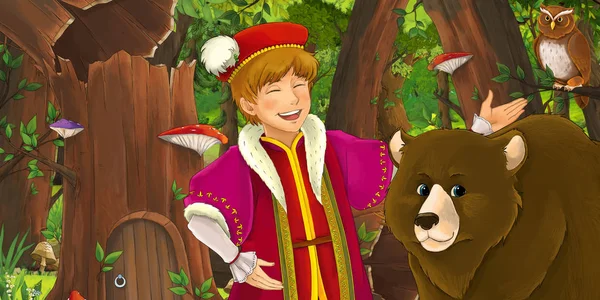 Ormanda uçan baykuş çifti karşılaşan mutlu genç çocuk prens göğüs ile karikatür sahnesi - çocuklar için illüstrasyon — Stok fotoğraf