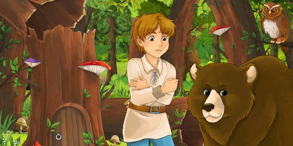 Escena de dibujos animados con niño niño feliz príncipe o granjero en el bosque encuentro par de búhos volando - ilustración para los niños — Foto de Stock