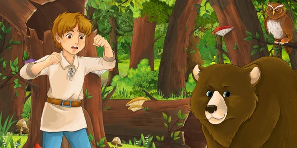 Tecknad scen med lycklig ung pojke barn Prince eller bonden i skogen som möter, para av ugglor som flyger-illustration för barn — Stockfoto