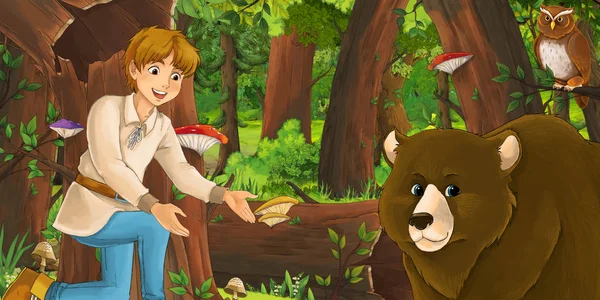 Escena de dibujos animados con niño niño feliz príncipe o granjero en el bosque encuentro par de búhos volando - ilustración para los niños — Foto de Stock