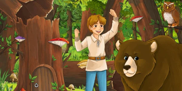 Escena de dibujos animados con niño niño feliz príncipe o granjero en el bosque encuentro par de búhos volando - ilustración para los niños — Foto de Stock