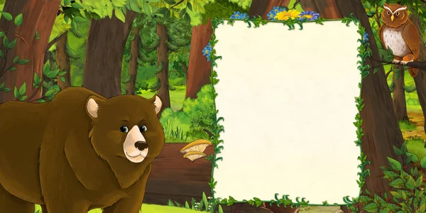 フクロウと森の漫画シーン - テキストのためのスペースを持つタイトルページ - 子供のためのイラスト — ストック写真