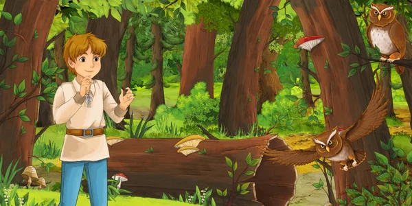 Мультяшная сцена с счастливым маленьким мальчиком-принцем или фермером в лесу, встретившим пару летающих сов - иллюстрация для детей — стоковое фото