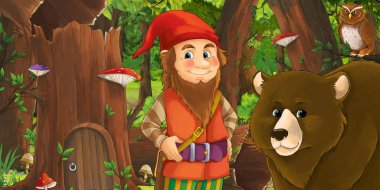 Ormanda mutlu bir cücenin olduğu bir çizgi film sahnesi. 