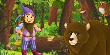 Ormanda baykuşların yanında mutlu bir cücenin olduğu çizgi film sahnesi.