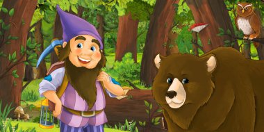 Ormanda baykuşların yanında mutlu bir cücenin olduğu çizgi film sahnesi.