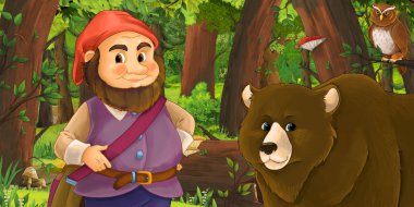 Ormanda baykuşların yanında mutlu bir cücenin olduğu çizgi film sahnesi.